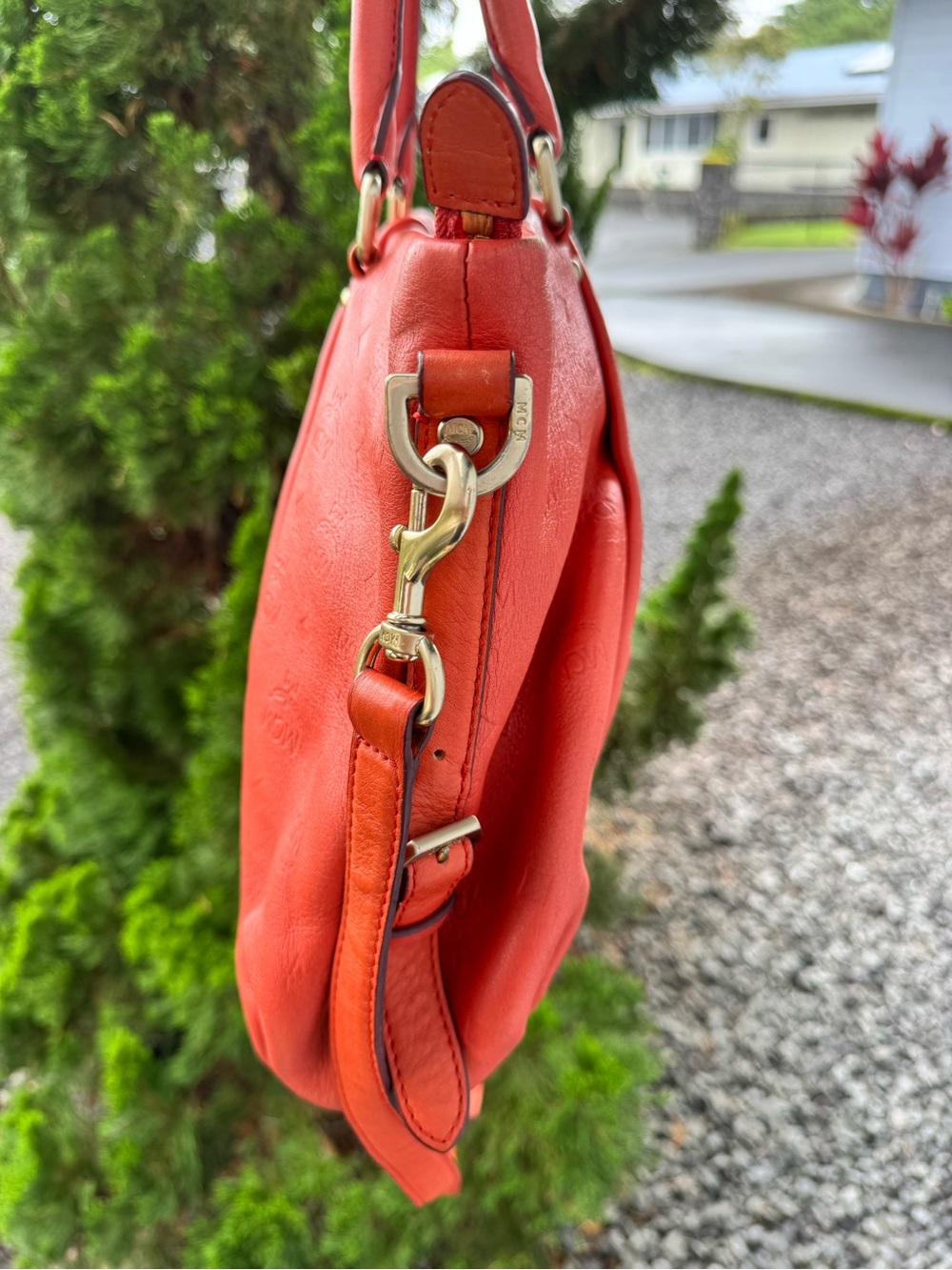 MCM Coral Red Embossed Leather Satchel Shoulder Bag Crossbody - Picture 7 of 12